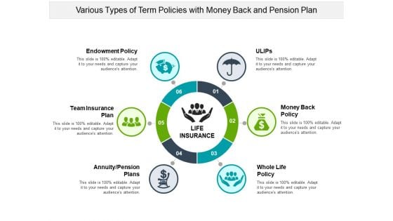 Various Types Of Term Policies With Money Back And Pension Plan Ppt PowerPoint Presentation Infographic Template Pictures PDF