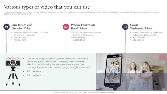 Various Types Of Video That You Can Use Action Plan Playbook For Influencer Reel Marketing Structure PDF