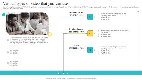 Various Types Of Video That You Can Use Playbook For Social Media Platform Video Marketing Elements PDF