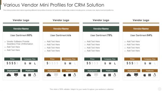 Various Vendor Mini Profiles For CRM Solution Strategies To Improve Customer Introduction PDF Various Vendor Mini Profiles For CRM Solution Strategies To Improve Customer Introduction PDF