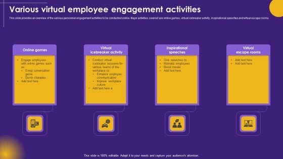 Various Virtual Employee Engagement Activities Pictures PDF