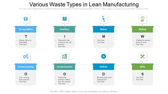 Various Waste Types In Lean Manufacturing Ppt Pictures Example PDF