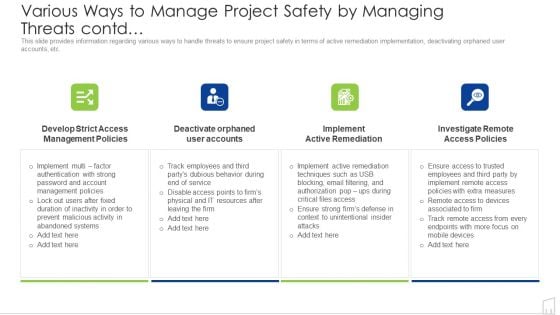 Various Ways To Manage Project Safety By Managing Threats Contd Ppt Styles Diagrams PDF Various Ways To Manage Project Safety By Managing Threats Contd Ppt Styles Diagrams PDF