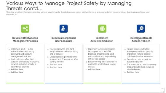 Various Ways To Manage Project Safety By Managing Threats Contd Ppt Styles Diagrams PDF