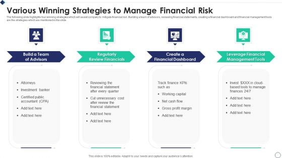 Various Winning Strategies To Manage Financial Risk Clipart PDF