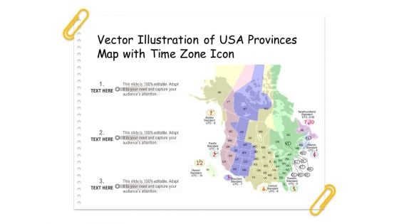 Vector Illustration Of USA Provinces Map With Time Zone Icon Ppt PowerPoint Presentation Gallery Information PDF