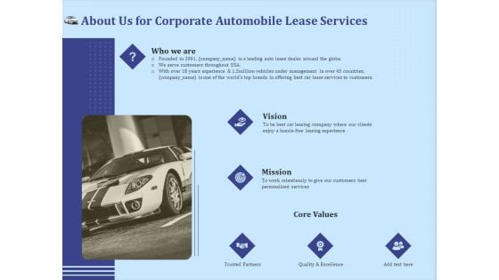 Vehicle Leasing About Us For Corporate Automobile Lease Services Summary PDF