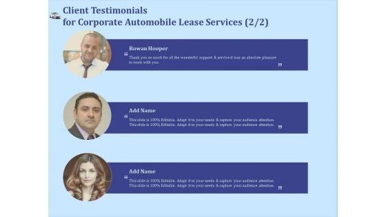 Vehicle Leasing Client Testimonials For Corporate Automobile Lease Services Audience Infographics PDF