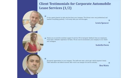 Vehicle Leasing Client Testimonials For Corporate Automobile Lease Services Structure PDF