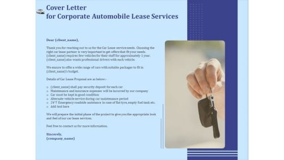 Vehicle Leasing Cover Letter For Corporate Automobile Lease Services Summary PDF