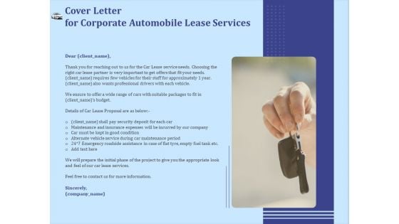 Vehicle Leasing Cover Letter For Corporate Automobile Lease Services Summary PDF