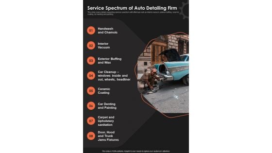 Vehicle Redesign Services Service Spectrum Of Auto Detailing Firm One Pager Sample Example Document