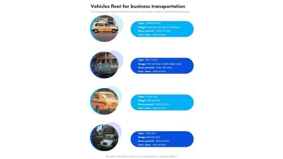 Vehicles Fleet For Business Transportation One Pager Sample Example Document Vehicles Fleet For Business Transportation One Pager Sample Example Document