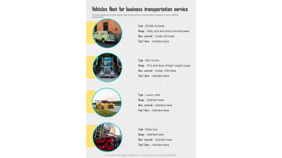 Vehicles Fleet For Business Transportation Service One Pager Sample Example Document Vehicles Fleet For Business Transportation Service One Pager Sample Example Document