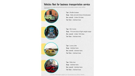 Vehicles Fleet For Business Transportation Service One Pager Sample Example Document