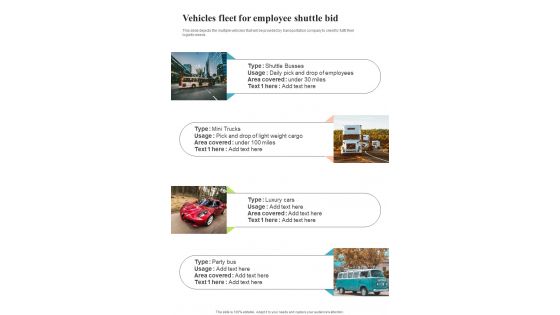 Vehicles Fleet For Employee Shuttle Bid One Pager Sample Example Document Vehicles Fleet For Employee Shuttle Bid One Pager Sample Example Document