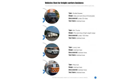 Vehicles Fleet For Freight Carriers Business One Pager Sample Example Document