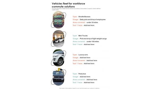 Vehicles Fleet For Workforce Commute Solutions One Pager Sample Example Document Vehicles Fleet For Workforce Commute Solutions One Pager Sample Example Document