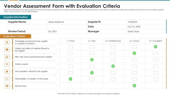 Vendor Assessment Form With Evaluation Criteria Elements PDF