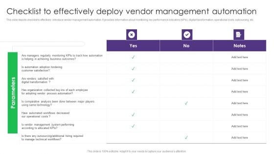 Vendor Management System Deployment Checklist To Effectively Deploy Vendor Management Automation Ideas PDF