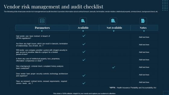 Vendor Management To Handle Purchase Vendor Risk Management And Audit Checklist Clipart PDF