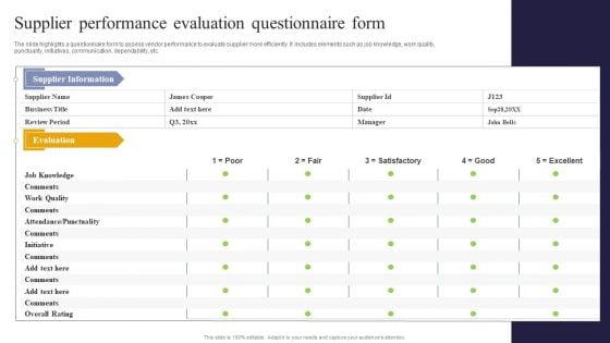 Vendor Performance Analysis And Administration Supplier Performance Evaluation Questionnaire Form Professional PDF