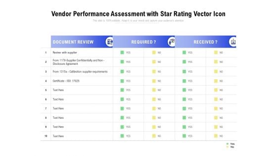 Vendor Performance Assessment With Star Rating Vector Icon Ppt PowerPoint Presentation Infographic Template Background Image PDF