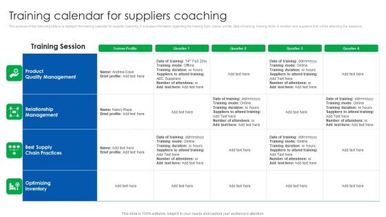 Vendor Relationship Management Strategic Plan Training Calendar For Suppliers Coaching Designs PDF