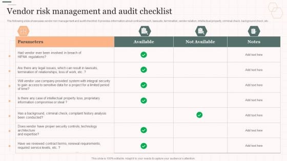 Vendor Risk Management And Audit Checklist Vendor Management Strategies Topics PDF