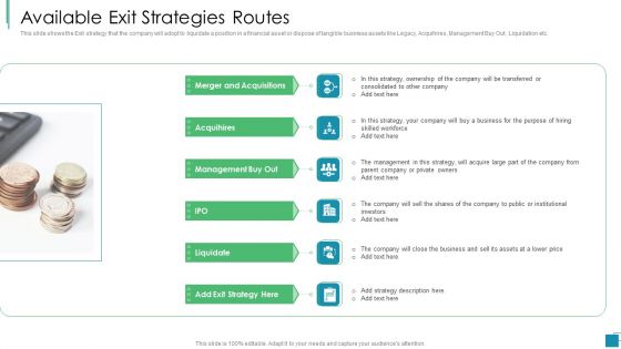 Venture Capital Pitch Decks For Private Companies Available Exit Strategies Routes Diagrams PDF