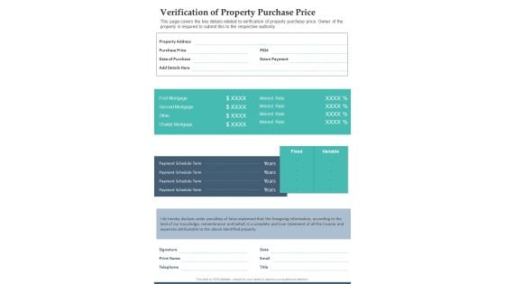 Verification Of Property Purchase Price One Pager Documents Verification Of Property Purchase Price One Pager Documents