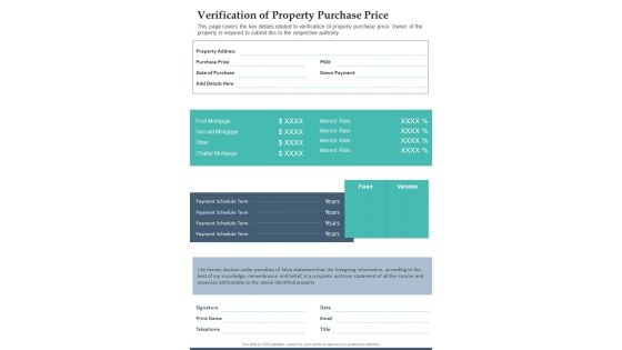 Verification Of Property Purchase Price One Pager Documents