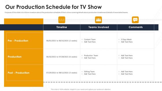 Video Creation Our Production Schedule For Tv Show Ppt Portfolio Background Image PDF