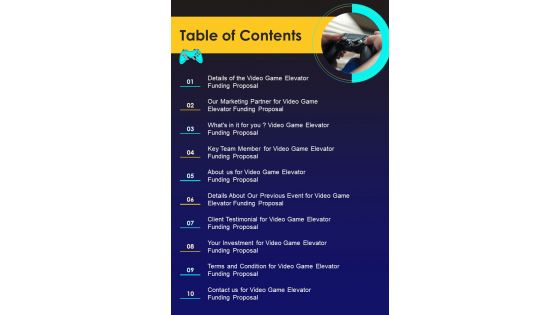 Video Game Elevator Funding Proposal Table Of Contents One Pager Sample Example Document