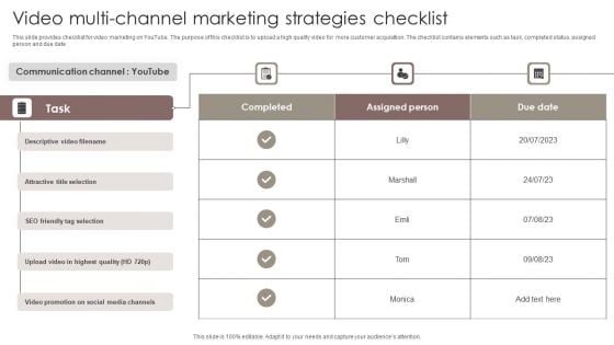 Video Multi Channel Marketing Strategies Checklist Topics PDF