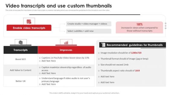 Video Transcripts And Use Custom Thumbnails Video Content Advertising Strategies For Youtube Marketing Mockup PDF