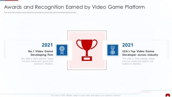Virtual Adventure Gaming Investor Elevator Pitch Deck Awards And Recognition Earned By Video Sample PDF