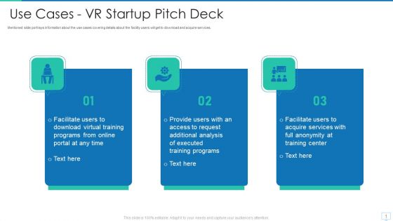 Virtual Reality Investor Financing Use Cases VR Startup Pitch Deck Information PDF