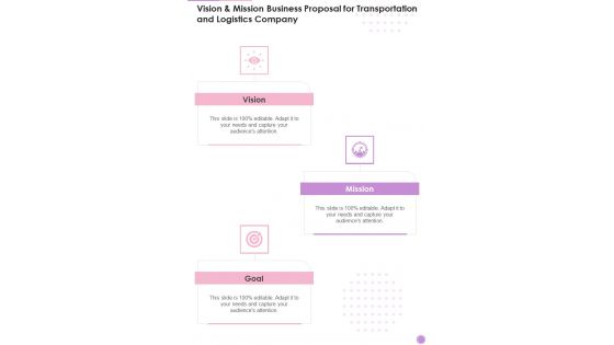 Vision And Mission Business Proposal For Transportation And Logistics Company One Pager Sample Example Document Vision And Mission Business Proposal For Transportation And Logistics Company One Pager Sample Example Document