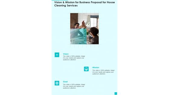 Vision And Mission For Business Proposal For House Cleaning Services One Pager Sample Example Document