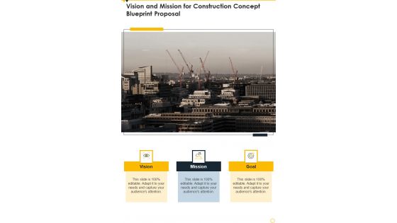 Vision And Mission For Construction Concept Blueprint Proposal One Pager Sample Example Document