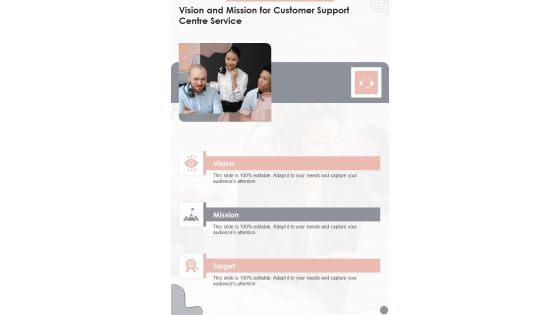 Vision And Mission For Customer Support Centre Service One Pager Sample Example Document Vision And Mission For Customer Support Centre Service One Pager Sample Example Document