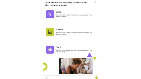 Vision And Mission For Hiring Influencers For Advertisement Proposal One Pager Sample Example Document Vision And Mission For Hiring Influencers For Advertisement Proposal One Pager Sample Example Document