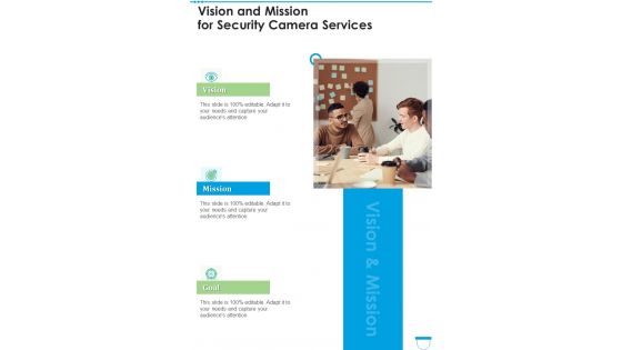 Vision And Mission For Security Camera Services One Pager Sample Example Document