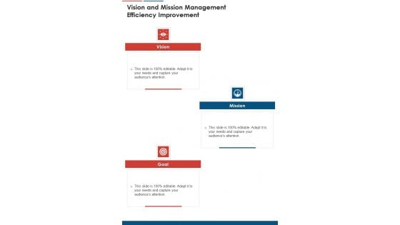 Vision And Mission Management Efficiency Improvement One Pager Sample Example Document