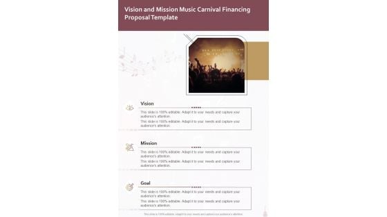 Vision And Mission Music Carnival Financing Proposal Template One Pager Sample Example Document