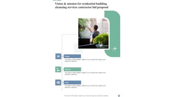 Vision And Mission Residential Building Cleansing Services Contractor Bid Proposal One Pager Sample Example Document Vision And Mission Residential Building Cleansing Services Contractor Bid Proposal One Pager Sample Example Document