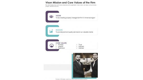 Vison Mission And Core Values Of The Firm One Pager Documents