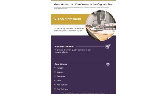 Vison Mission And Core Values Of The Organization One Pager Documents