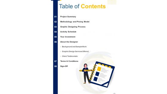 Visual Designing Freelancing Proposal Table Of Contents One Pager Sample Example Document